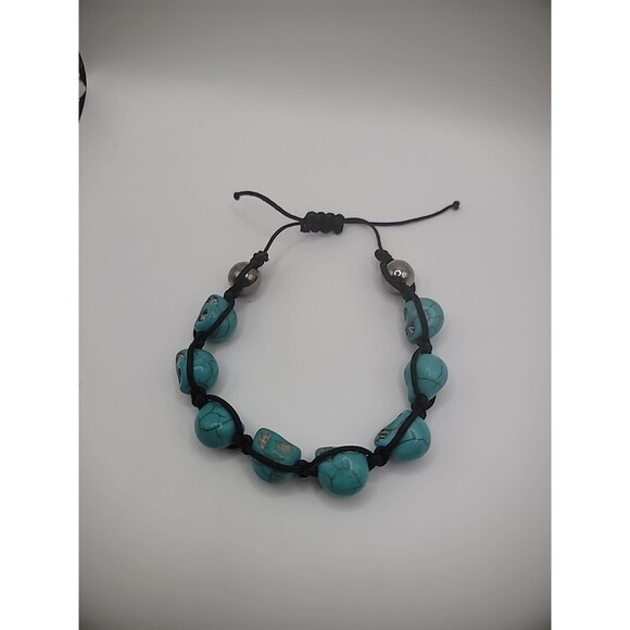Howlite Turquoise Skull Bracelet Black Adustable Silver Tone Jewelry Costume - Picture 10 of 10